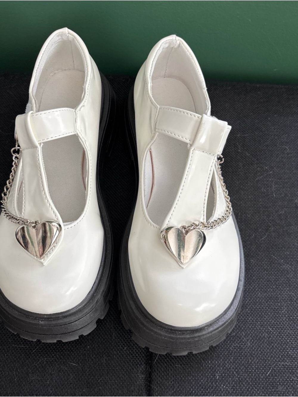 Girls White T-Strap Mary Janes with Heart Chain